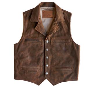 Chaleco Clásico Occidental Vintage de Cuero Genuino de Bisonte Americano Marrón, Transpirable, Resistente al Viento, con Broches de Níquel Estilo Bisonte y Espalda con Tirantes, para Otoño - Product Image 1