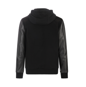 Venta al por mayor Fabricación Sólido Negro Hombres Manga de cuero Sudadera con capucha Transpirable Cremallera Sudadera con capucha con mangas de cuero - Product Image 3