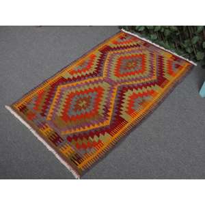 พรมคิลิมขนาด 2.3x3.7 ฟุต พรมตุรกีโบราณ พรมลายสัตว์สีแดงส้ม - Product Image 2