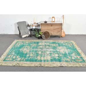 Tapis Turc Vintage 5.5 X 9.1ft Vert Beige Tissage Plat Laine avec Motif Patchwork pour Décorations de Salon ou Couloir Utilisation - Product Image 1