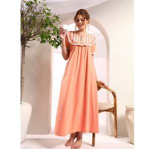 Camisón de Encaje 100% Algodón para Mujer, Manga Media, Largo Completo, Tejido Transpirable, Cuello Sólido, Elegante, Primavera, Otoño, Verano - Product Image 1