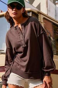 2025 trendy Fashion Women's Oversized Sweatshirts Casual <b>Long</b> <b>Sleeve</b> Button Henley Neck Pullover <b>Tunic</b> <b>Tops</b> Fall Fashion Outfits - Product Image 3