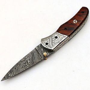 Cuchillo plegable de acero de Damasco hecho a mano personalizado con mango de cuerno de carnero con refuerzo de acero y Funda de cuero fino cuchillo de Camping - Product Image 4
