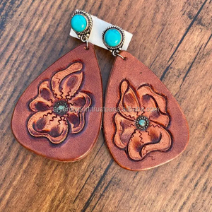 New Arrival Western Style Hand Tooled Carving Leather <b>Earrings</b> Women Cute Trendy Teardrop <b>Earring</b> Tooled Leather Fashion Jewelry - Product Image 4