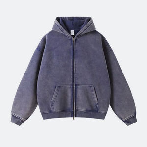 Sweat à capuche zippé vintage délavé à l'acide en coton éponge français Streetwear pour motif imprimé d'hiver - Product Image 3