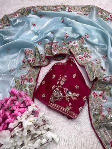 Sari indio de seda pura de Chinon con blusa elegante, ropa tradicional exclusiva para fiesta, boda, Festival, Ropa Étnica, último diseño - Product Image 5