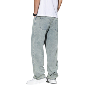 Mens <b>Light</b> Blue Wide Leg Denim Jeans Drawstring Elastic Waist Loose Fit Casual Straight Leg Washed Denim Pants Everyday Wear - Product Image 2