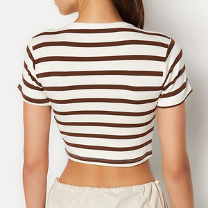 Women's Summer <b>Crop</b> Top Cherry Print Slim <b>Fit</b> Casual <b>T</b>-<b>Shirt</b> with Short Sleeves Eco-Friendly Polyester Knitted Fabric - Product Image 3