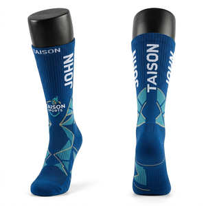 Premium 180 GSM Cotton Polyester Blend Netball <b>Socks</b> Breathable White Blue Yellow Panel Design Jacquard Knit Custom Logo - Product Image 4