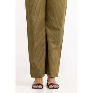 Pantalon large vert teint en fil pour femme, respirant, taille haute, fermeture élastique mi-haute, coupe ample, style crayon avec technique froissée - Product Image 1