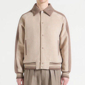 College Men's Polyester Cotton <b>Hooded</b> Vintage Leather <b>Jacket</b> Stand Collar Front Logo Beige Two-Tone Faux <b>Fur</b> Lining Windproof - Product Image 4