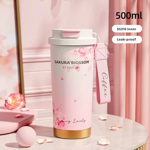 Vente en gros usine – Nouvelle tasse <span class=keywords><strong>thermos</strong></span> rose personnalisée pour femme, 17 oz, pour café, avec isolation, motif fleur de cerisier, idéale comme cadeau romantique - Product Image 5