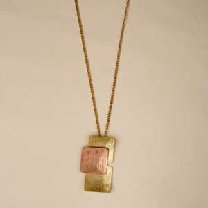 Modern Geometric Mixed Metal Pendant Necklace With Hammered Copper And Brass Squares Layered Design Contemporary Fashion - Product Image 2