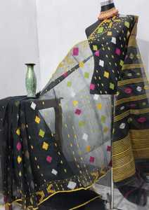 Exclusivo Deshi Dhakai Jamdani Sharee de alta calidad para mujeres JAMDANI tela azul rojo verde dorado cielo azul de Bangladesh - Product Image 5