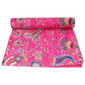 Luxury Indian Kantha <b>Quilt</b> Handmade Pink Paisley Print 100% Cotton <b>Bed</b> Cover Bedspread Blanket Queen Size Kantha <b>Quilt</b> - Product Image 1