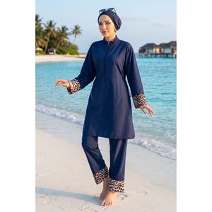 Traje de Baño Burkini de Tres Piezas con Estampado de Leopardo Azul Marino, Talla XL, Pantalones de Cintura Alta, Decoración Fruncida, Tejido Transpirable, Compatible con Hiyab - Product Image 3