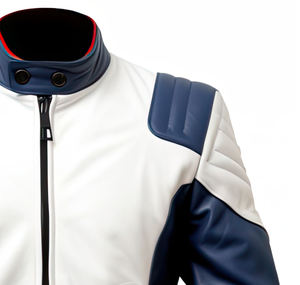 แจ็คเก็ตหนังแท้สีขาวน้ำเงิน ปกตั้ง ซิปหน้า กันน้ำ เป็นมิตรกับสิ่งแวดล้อม สไตล์ไฮสตรีท ทรงเข้ารูป สไตล์ไบค์เกอร์ คาเฟ่ เรเซอร์ - Product Image 3