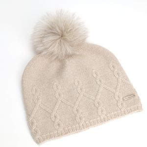 Bonnet en cachemire mongol pur 100% de luxe Design en tricot torsadé beige biologique avec pompon Chapeau d'hiver très chaud - Product Image 1
