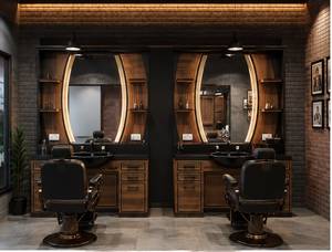 Commercial Barber Shampoo Unit <b>LED</b> <b>Mirror</b> Salon Station Black Basin Wood Grain Cabinet with Open Shelf - Product Image 4