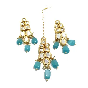 Royal kundan ชุดสร้อยคอเจ้าสาวสีฟ้าอ่อนประดับเพทายชุบทองเครื่องประดับที่ดีสำหรับงานแต่งงานเป็นของขวัญ - Product Image 6