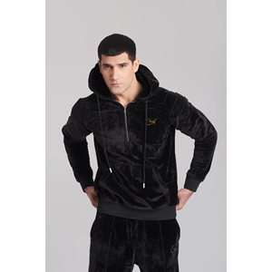 Survêtement à capuche en velours noir uni pour hommes - Product Image 4