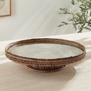 Natural rattan cake <b>cupcake</b> dessert <b>stand</b> with glass top wholesale wicker pedestal <b>stands</b> for food display - Product Image 6