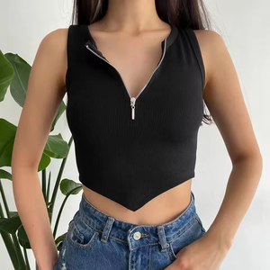 เสื้อกั๊กครอปแขนกุดมีซิปสีดำสำหรับ2024ของผู้หญิงเสื้อกั๊กดีไซน์ถักสำหรับเด็กผู้หญิงกระโปรงสั้น - Product Image 1