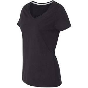 Camisetas OEM para mujer Camiseta holgada de verano con cuello en V negro Camisetas de manga corta de algodón con cuello en V - Product Image 2