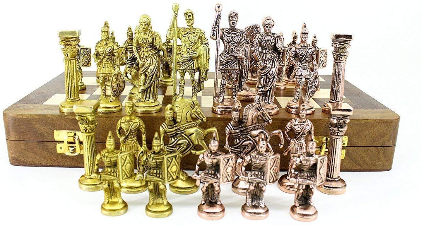 ローマ美術真鍮製チェスセット（16×16）銅メッキ真鍮彫刻折りたたみ式