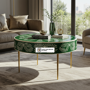 Mesa de Centro Redonda de Madera con Incrustaciones de Hueso Verde Moderno de Lujo con Patrón Floral y Base de Metal Dorado - Product Image 1