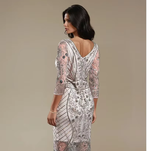 Robe de soirée longue en mousseline de soie à motif de perles et cristaux faite à la main pour femmes 2025, silhouette trapèze antistatique pour les fêtes - Product Image 1
