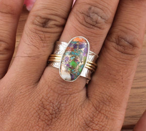 Bague en cuivre turquoise huître épineuse naturelle Bague large en argent sterling 925 pour femmes Vente en gros à la main - Product Image 1