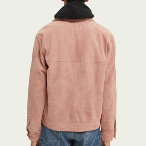 Custom <b>Square</b> Collar 2 Front Patch <b>Pockets</b> <b>Pink</b> Sheep Skin Suede Waterproof Breathable High Street Style Trucker Jacket for Men - Product Image 4