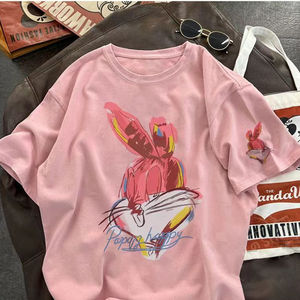 2024 femmes personnalisé lapin motif à manches courtes T-Shirt 100% coton séchage rapide Jersey tissu broderie même Style Couples - Product Image 4