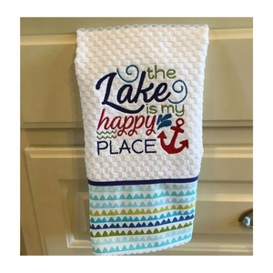 <b>The</b> Lake Is My <b>Happy</b> <b>Place</b> Embroidered Kitchen Towel Quality For Cleaning Custom Eco Friendly Multi-purpose Cotton Towel - Product Image 1