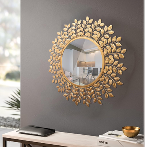 Espejo redondo Golden Leaf Sunburst-Arte de pared de metal decorativo para entrada y sala de estar DE LA India - Product Image 1