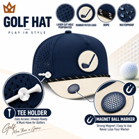 Casquette de baseball personnalisée 5 panneaux imperméable avec logo en patch de caoutchouc, trous découpés au laser, porte-tee en corde perforée et marqueur de balle magnétique