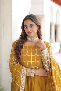 Ensemble Kurta Anarkali brodé pour femmes en gros avec dupatta, couleur moutarde, tenue de fête - Product Image 4