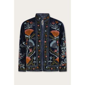 Chaqueta de Otoño Invierno Bordada en Terciopelo Azul Océano con Bordado Suzani Multicolor, Prenda Exterior Reversible y Sostenible, Talla XL - Product Image 1