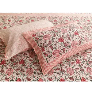 Red Pinecone Hand Block Motif Print Queen Pure Cotton Bedsheet Bed Cover Boho Quilt Soft Bedsheet