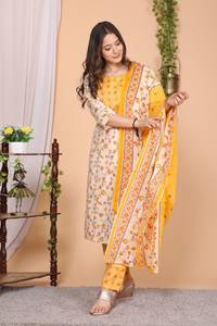 Ensemble de costume 3 pièces pour femmes traditionnelles nouveau design, Kurti imprimé blanc et jaune en pur coton avec pantalon et vêtements de festival Dupatta Inde - Product Image 3