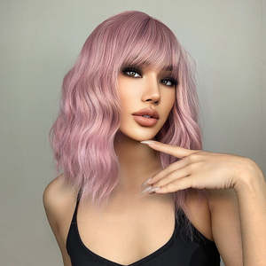 DWY <b>WIGS</b> <b>14</b> <b>Inch</b> Short Pink Wavy Curly <b>Wig</b> with Bang US Only Lace Front <b>Wigs</b> with Transparent Lace Color - Product Image 1