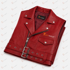 Tiierwear Gilet moto en cuir rouge pour homme avec fermeture éclair et ceinture, vêtement d'extérieur de style motard de couleur unie - Product Image 5