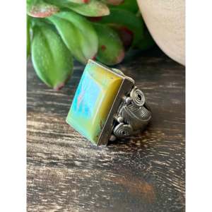 Darrell Morgan Kingman <b>Statement</b> <b>Ring</b> Boho Style Bezel Set Turquoise with Sterling <b>Silver</b> Geometric Cut Size 8.75 Everyday Wear - Product Image 4
