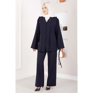Conjunto de Traje de Dos Piezas Estilo Británico Azul Marino para Mujer con Cinturón Abotonado - Product Image 3