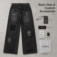 Jeans en denim à jambes larges, patchwork noir délavé, style vintage streetwear, IKDEER