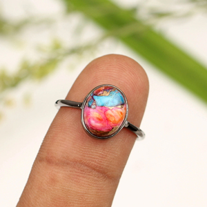 Trendy Orange Dahlia Copper <b>Turquoise</b> <b>Ring</b> 8x10mm Oval Shape 925 Sterling Silver 18K Gold Plated Bezel Setting Christian - Product Image 2