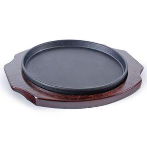 Assiette sizzler à base en bois rustique de qualité supérieure avec gril en métal pour steak fruits de mer légumes plat chaud servant une table à manger - Product Image 1