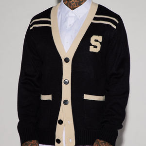 Custom Embroidery Knit Varsity <b>Cardigan</b> <b>Sweater</b> Men Knitwear <b>Long</b> Sleeve Uniform Jacquard V-Neck Knitted <b>Cardigan</b> <b>Sweater</b> Men - Product Image 1