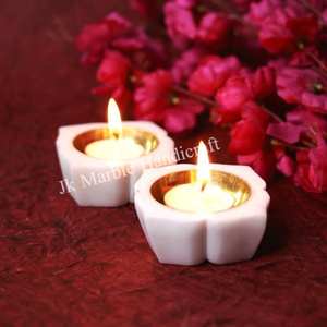 Handmade Natural White Marble Brass Diya Flower Cut Design T-light Best Price Home Decor for Religious Use - Product Image 5
